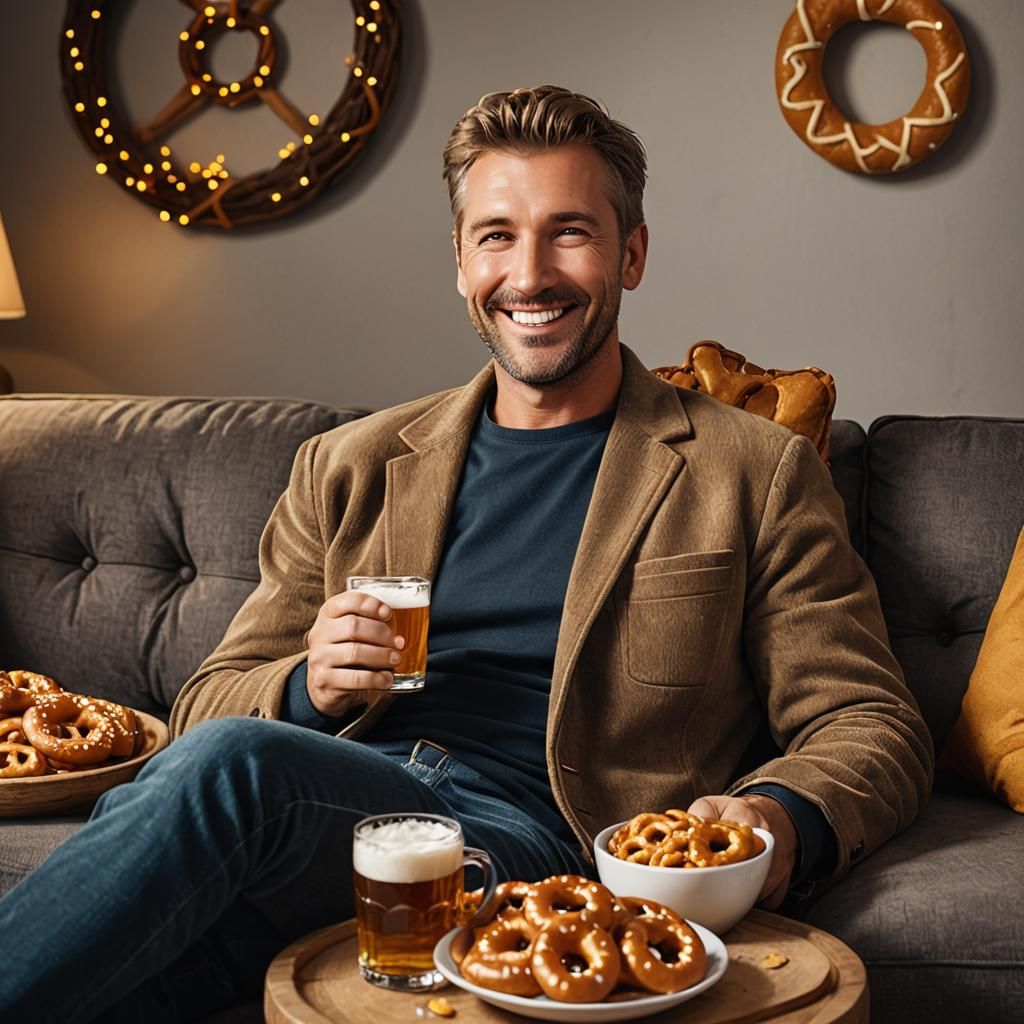 Man Enjoying Oktoberfest with Beer and Pretzels