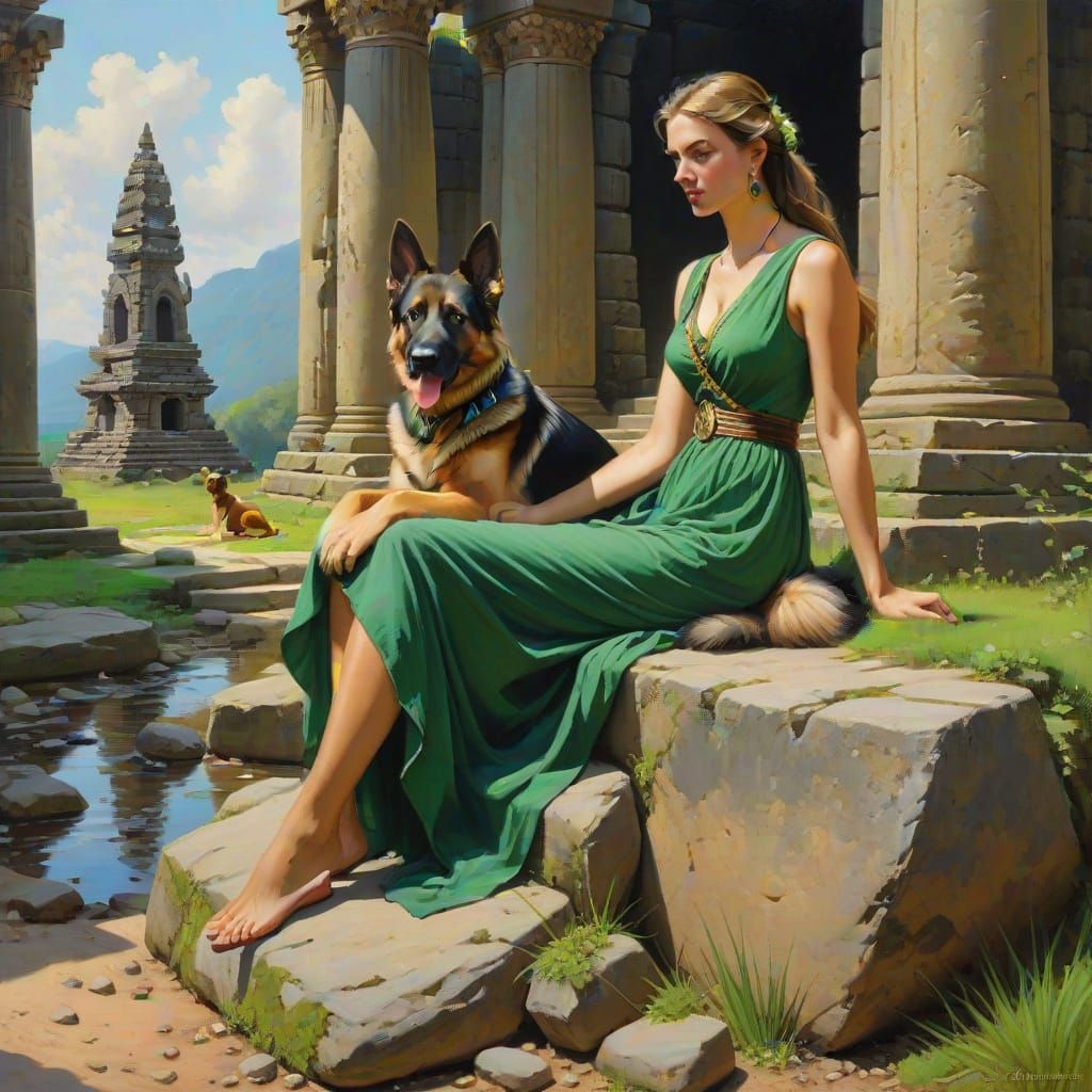 Girl in a Green Dress Sits with Her Loyal Dog in a Ruined Te...