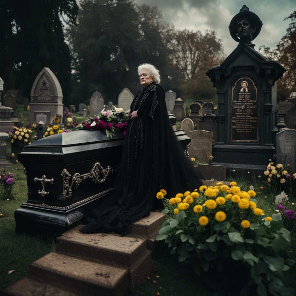 Cemetery Scene: Woman in Black Dress Beside Coffin