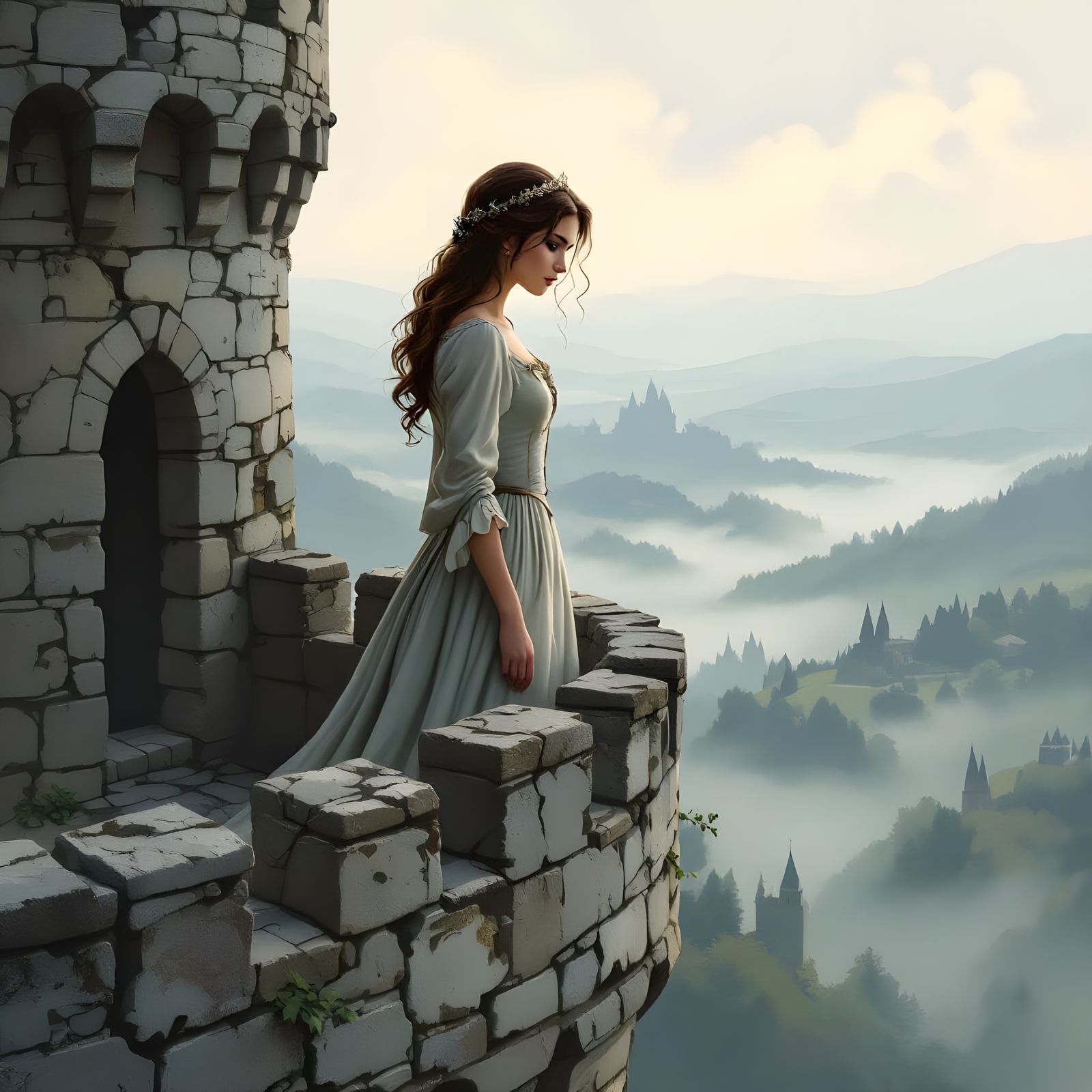 Regal Princess On Castle Battlements In Misty Valley