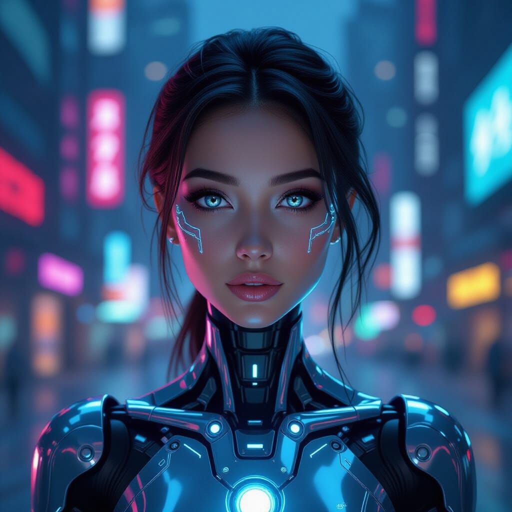 Cyberpunk Drone Woman in Neon Cityscape