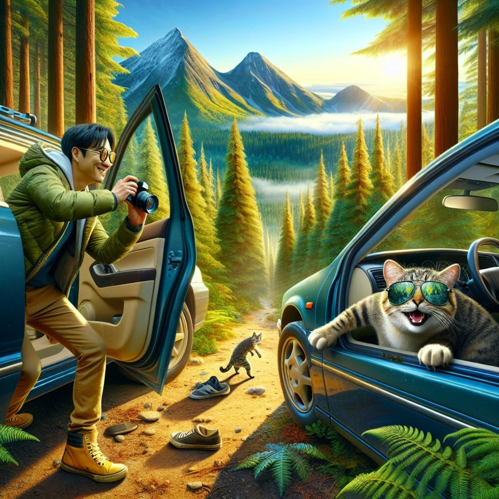 Hyperrealistic Asian Man and Playful Cat in Forest