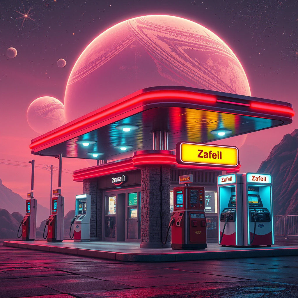 Futuristic Gas Station with Neon Planets, Digital Art