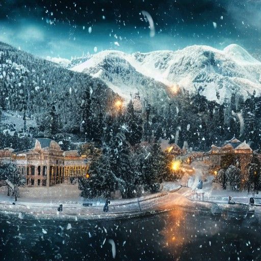 City in Snowy Mountains Under a Storm