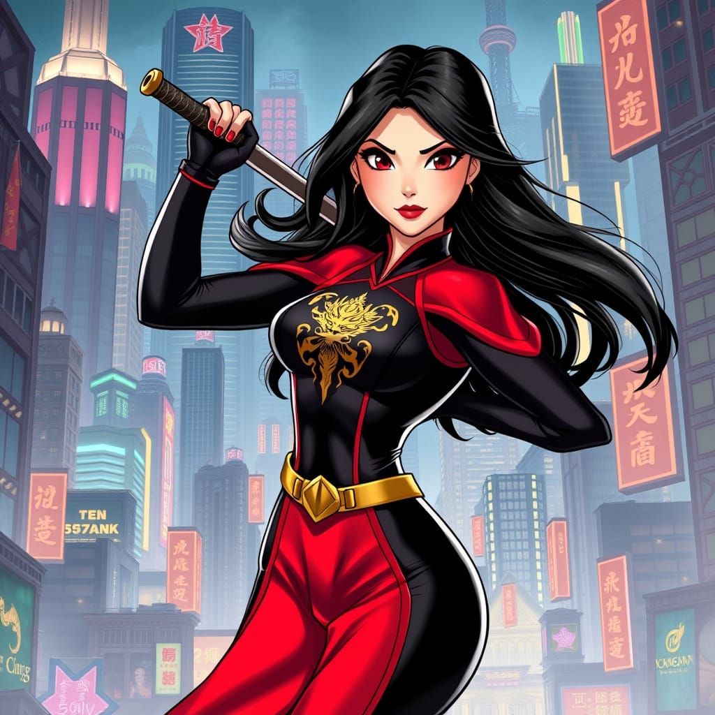 Mulan as a Marvel-Style Superheroine in a Futuristic Metropo...