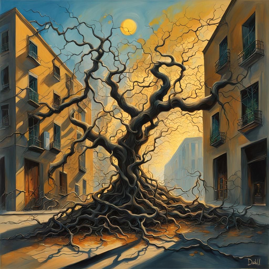 Twisted Roots Shatter Concrete in Eerie Surrealist Scene