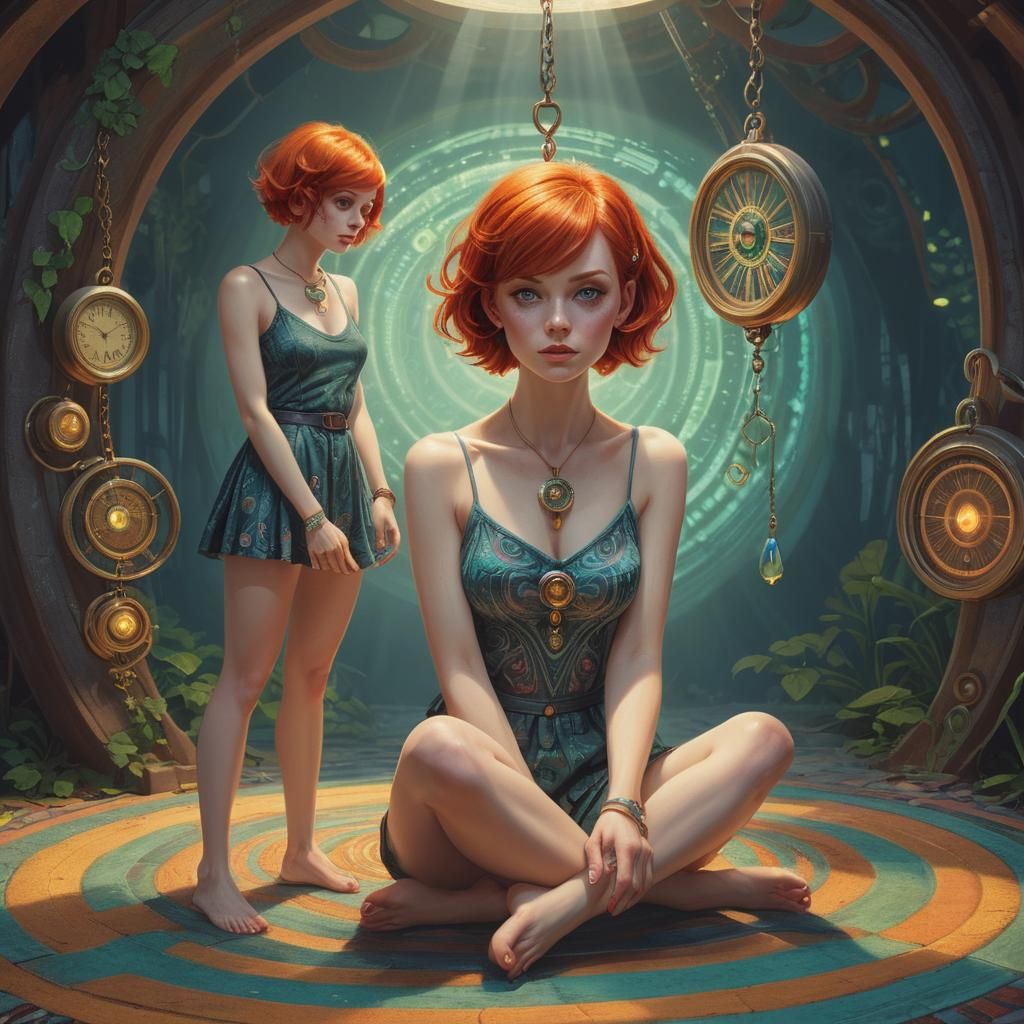 Psychedelic Surrealism: Redhead Hypnotized with Pendant
