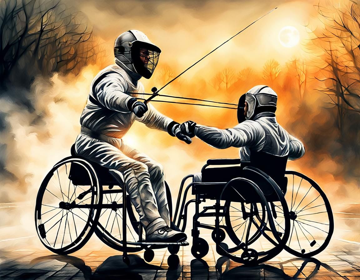 Wheelchair Fencer Scores Point in Mixed Media Art