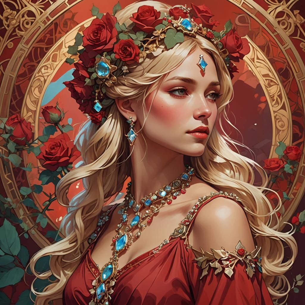 Blond Girl with Crystal Necklace in Art Nouveau Style
