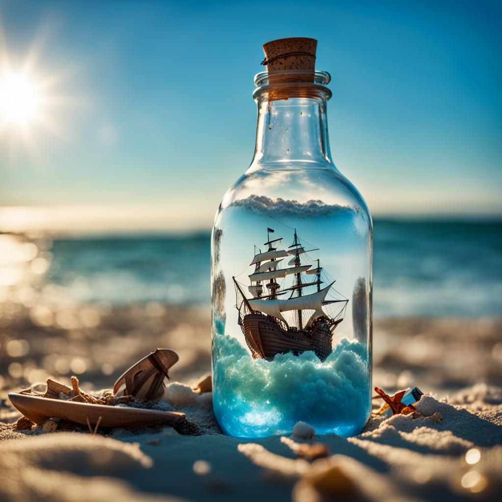 Pirate Ship Inside Glass Bottle on Beach