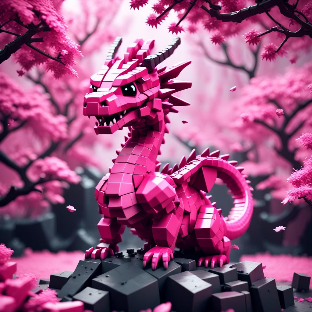 Voxel Sakura Tree with Pink Dragon 3D Render
