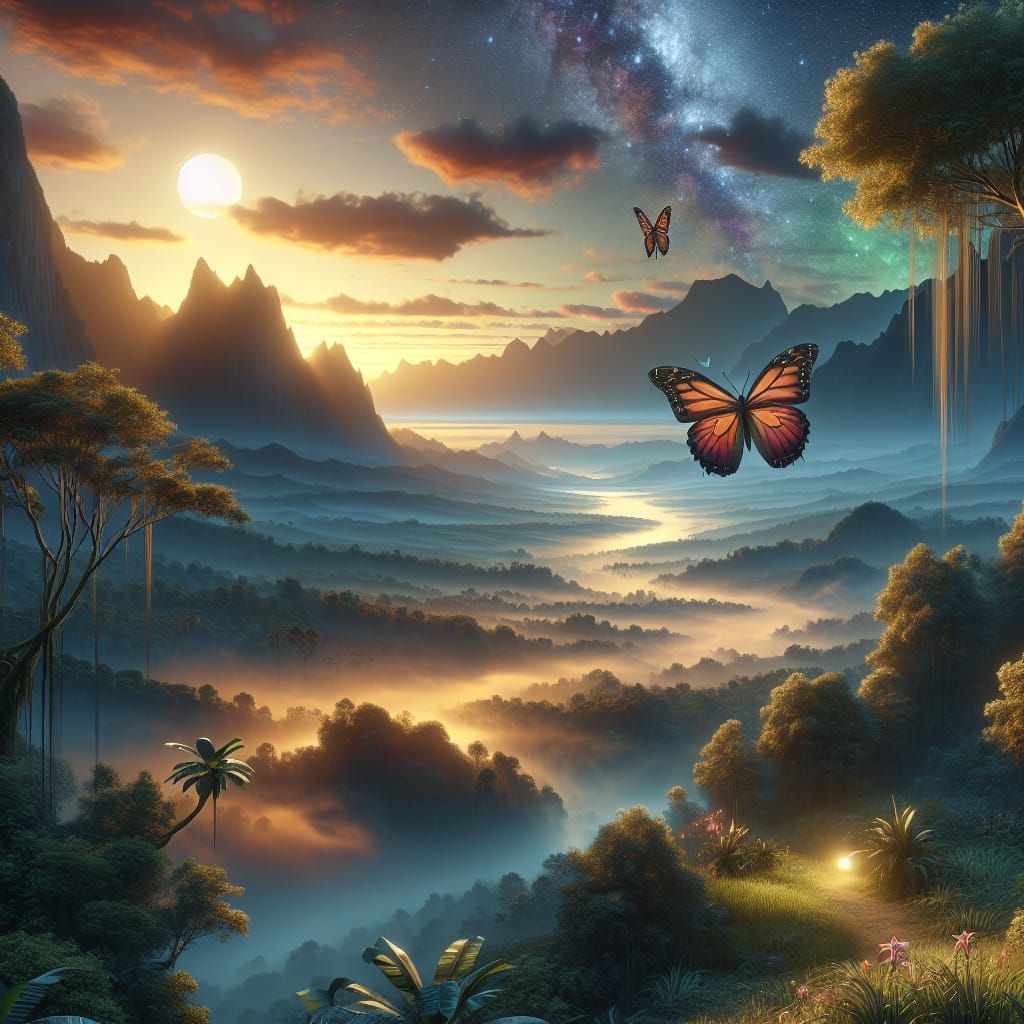 Butterfly Soaring in a Fantastical Landscape