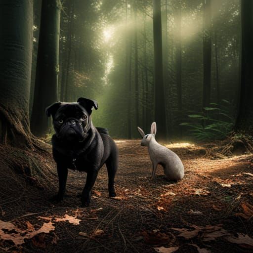 Black Pug and Bugs Bunny in Forest