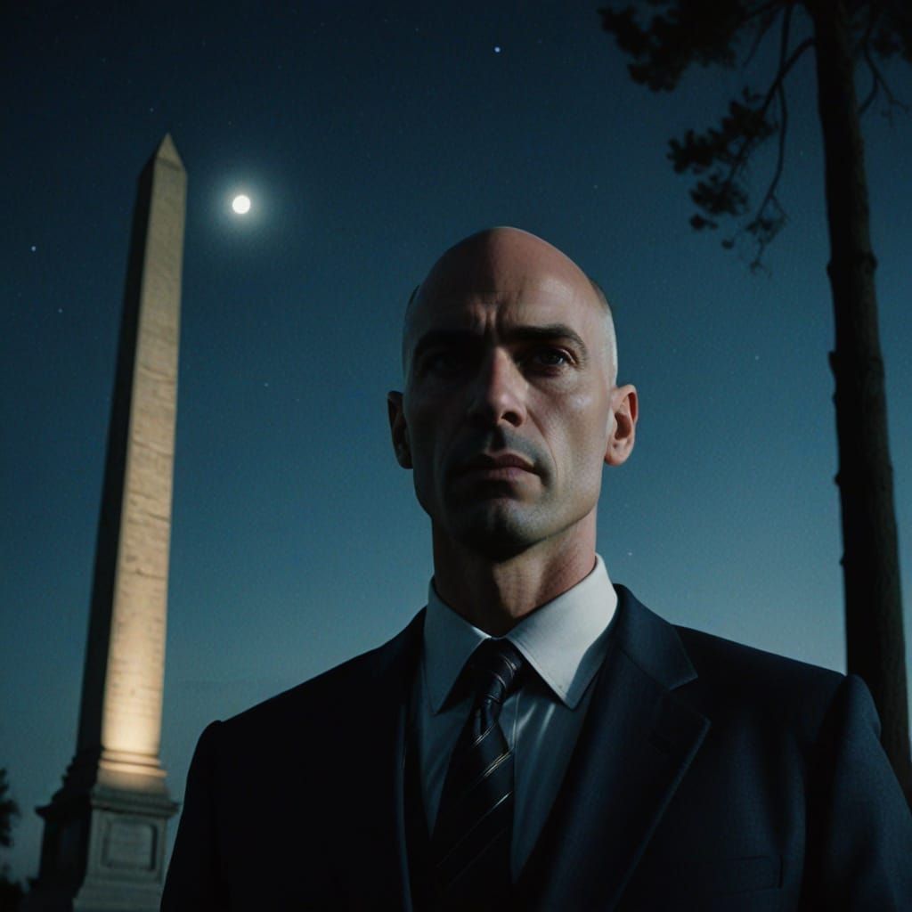 Bald Man in Suit Before Monument Under Moonlight