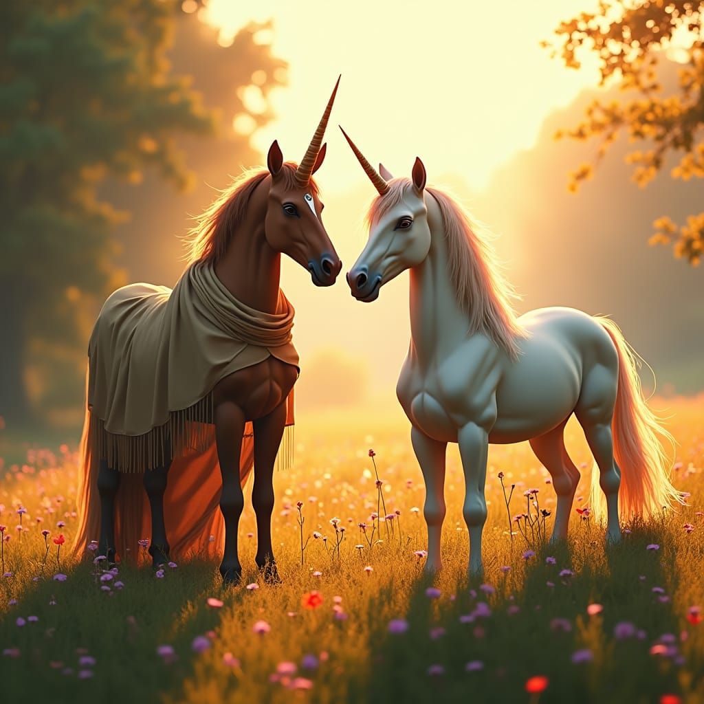 Centaur and Unicorn Meeting in Ethereal Meadow