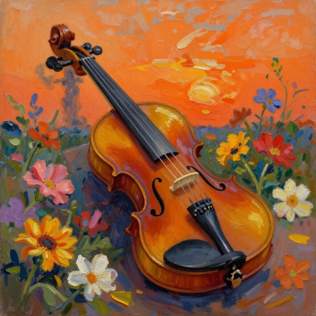 Violin with Flowers at Sunset, Expressive Oil Painting
