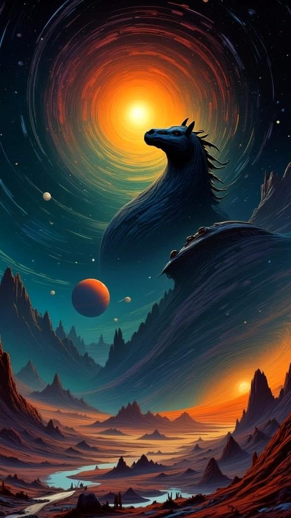 Stormy Dreamscape with Horse Head Nebula and Space Elements