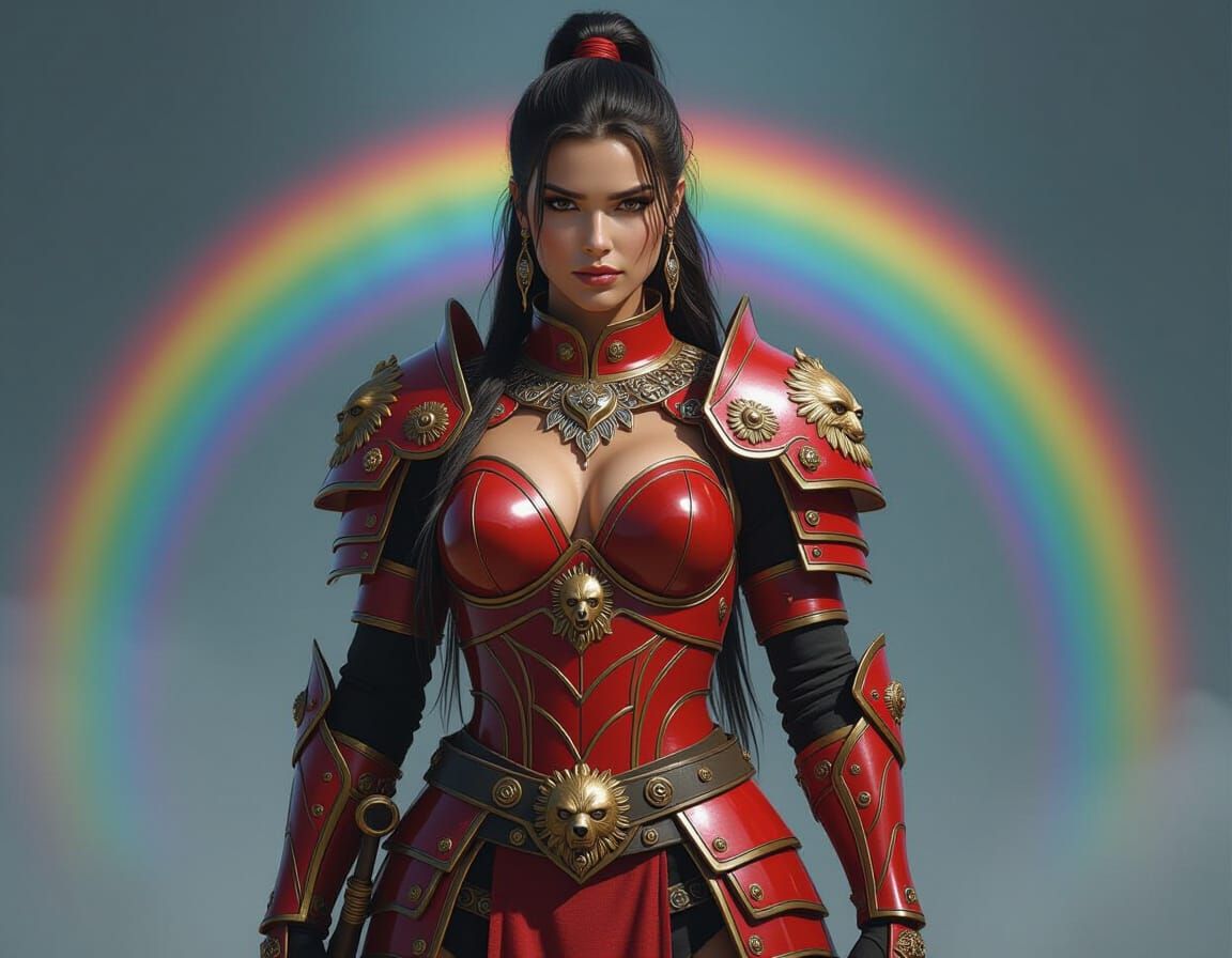 Warrior Goddess in Scarlet Armor with Rainbow Backdrop