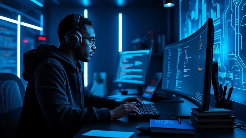 Tech Visionary in a Futuristic Workspace