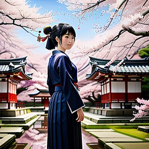 Japanese Schoolgirl in Traditional Tokko-fuku Uniform Amid C...