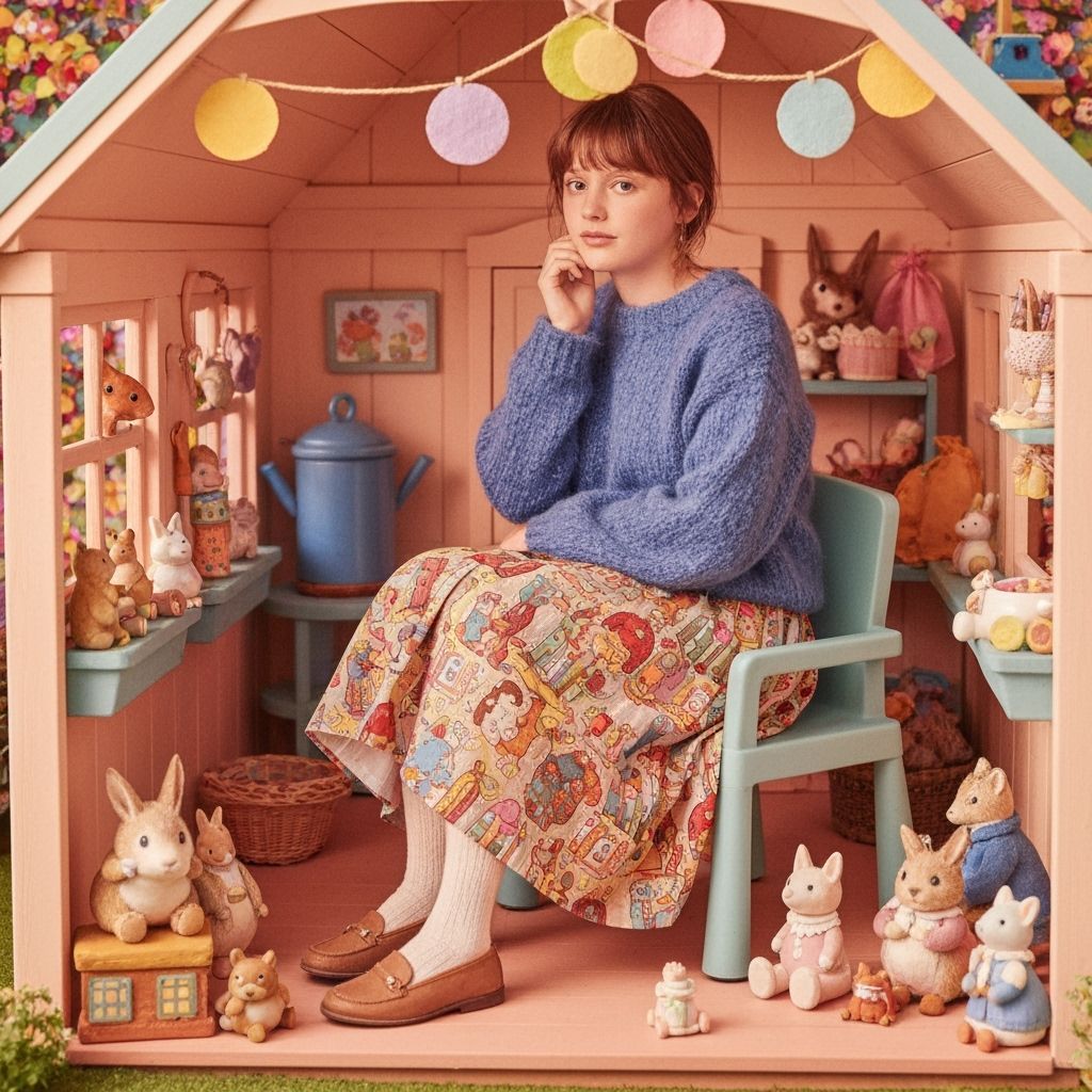 Chubby Woman in Playhouse, Beatrix Potter Style