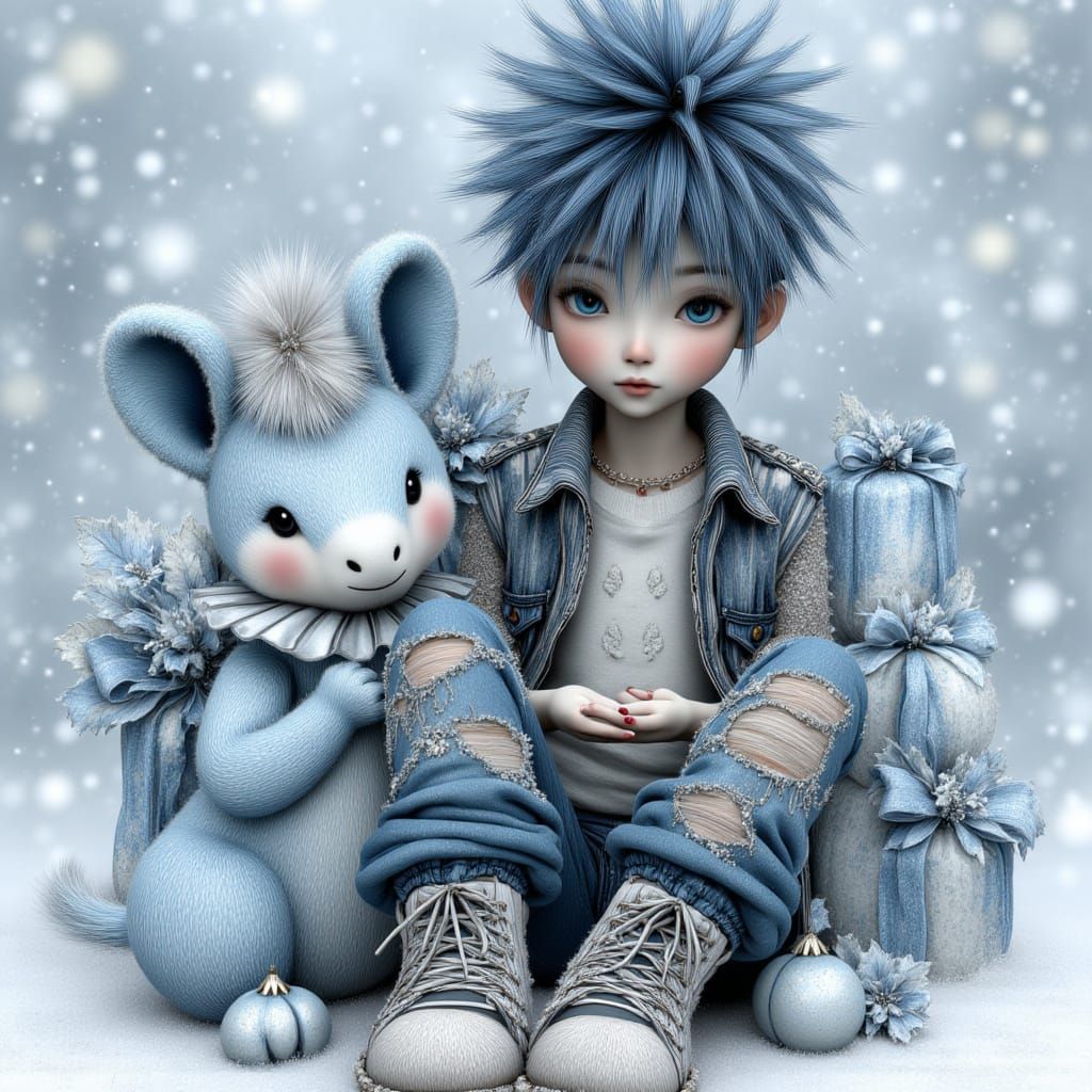 Teenage Punk in Snowstorm with Zebra, Matte Painting Style