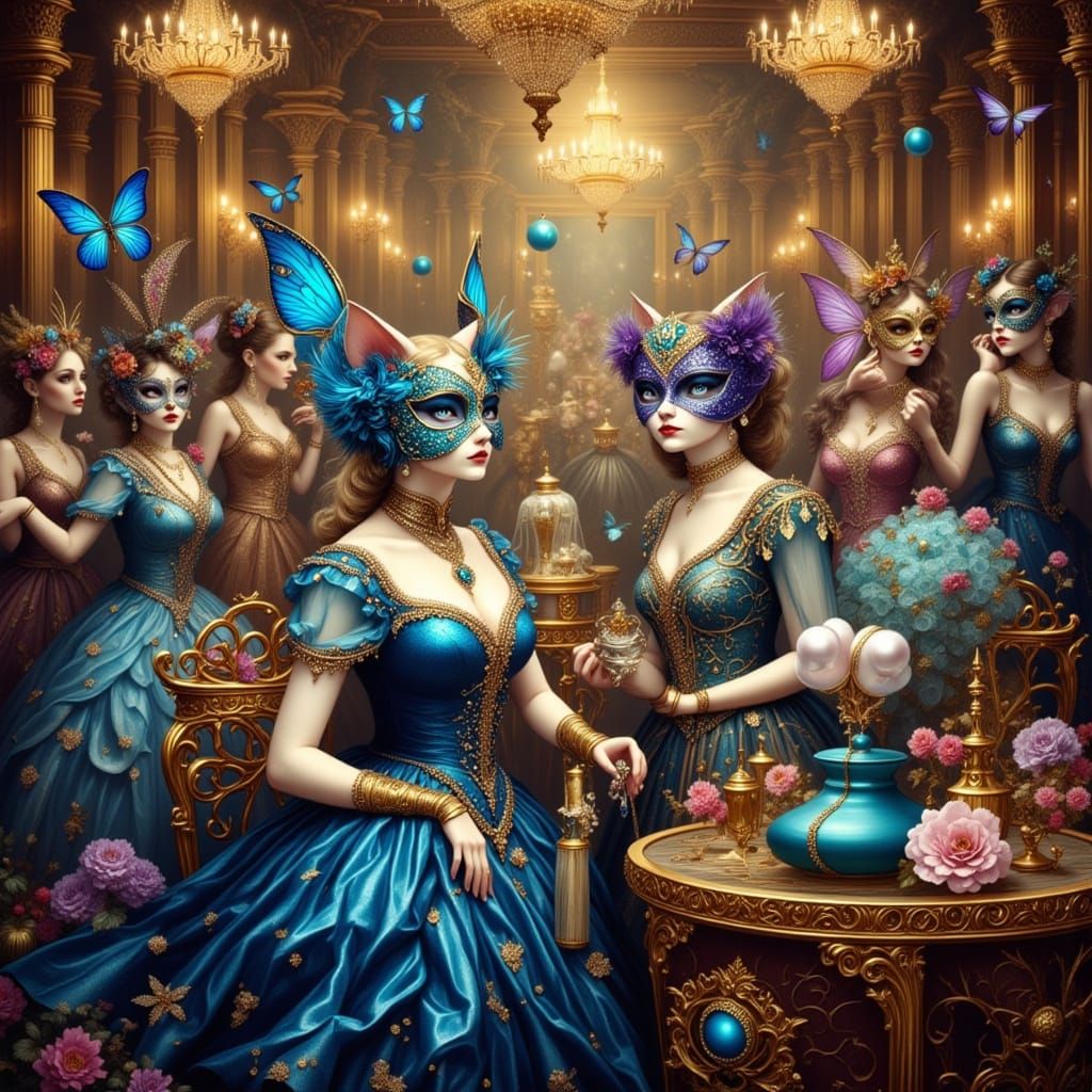 Whimsical Cats at a Parisian Masquerade Ball