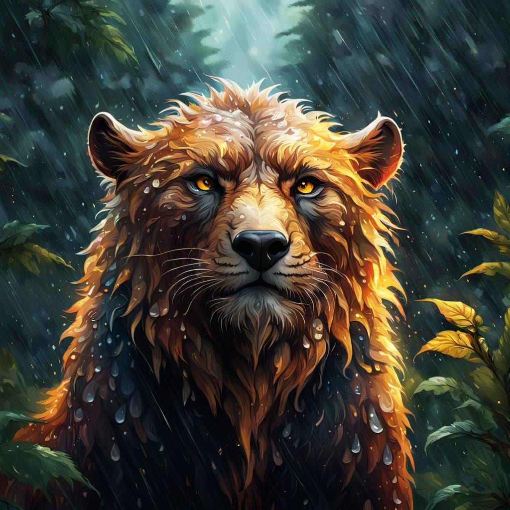 Beast in Rainy Forest: Vibrant Digital Oil Painting
