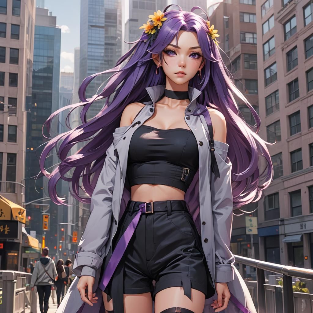 Anime Girl with Purple Hair in Urban Setting