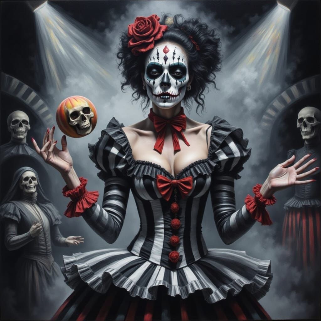 Dark Woman Clown Dancing in Gothic Circus Style