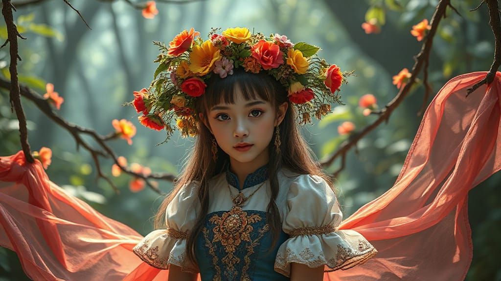 Enchanted Forest Woman With Floral Crown in Anime Hyperreali...