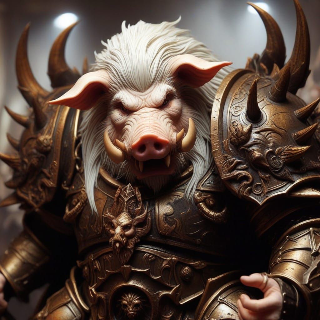 Albino Pig Warboss in Full Armor: Dark Fantasy Art