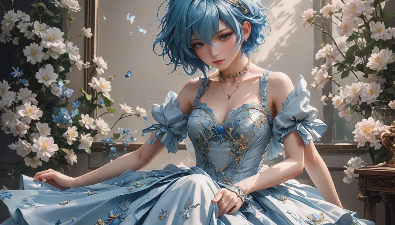 Blue-Haired Boy Stitching a Dress in Anime Style
