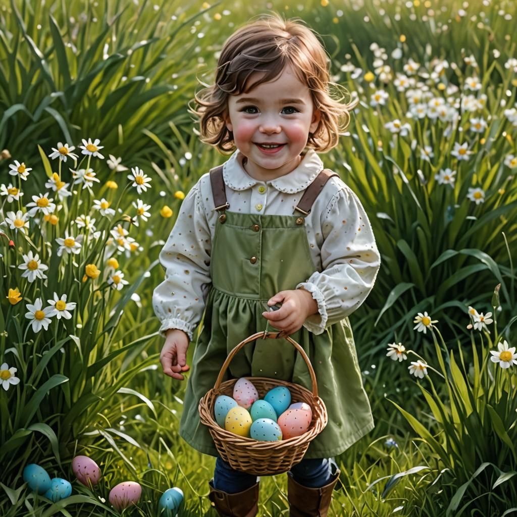 Happy Toddler with Easter Basket in Spring Meadow