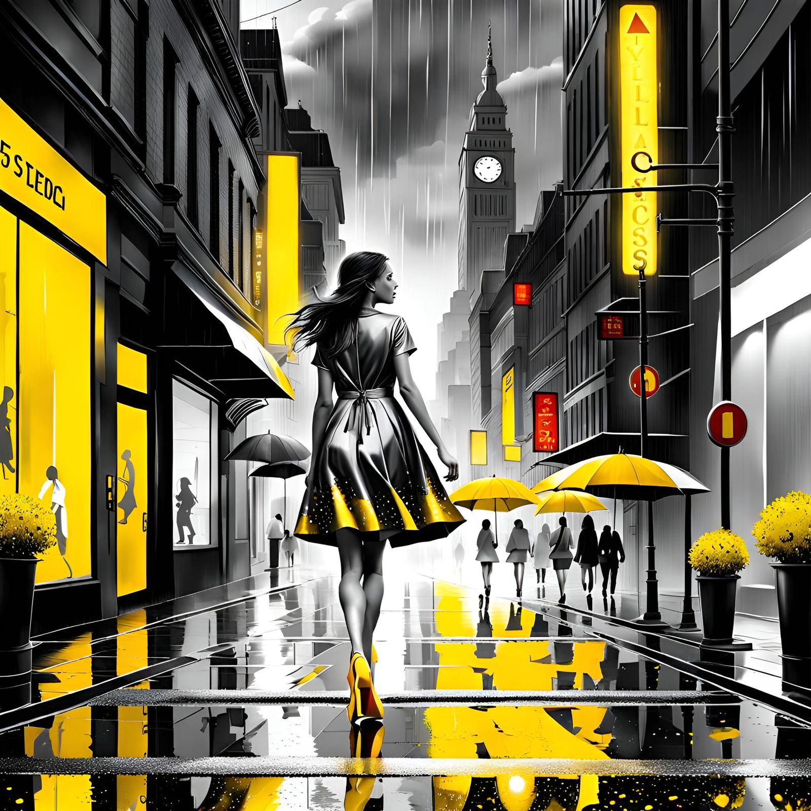 Grayscale City Street with Girl in Yellow Dress