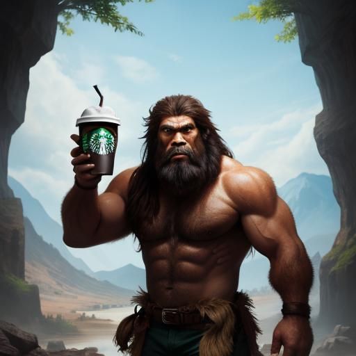 Caveman Enjoys Modern Starbucks Coffee