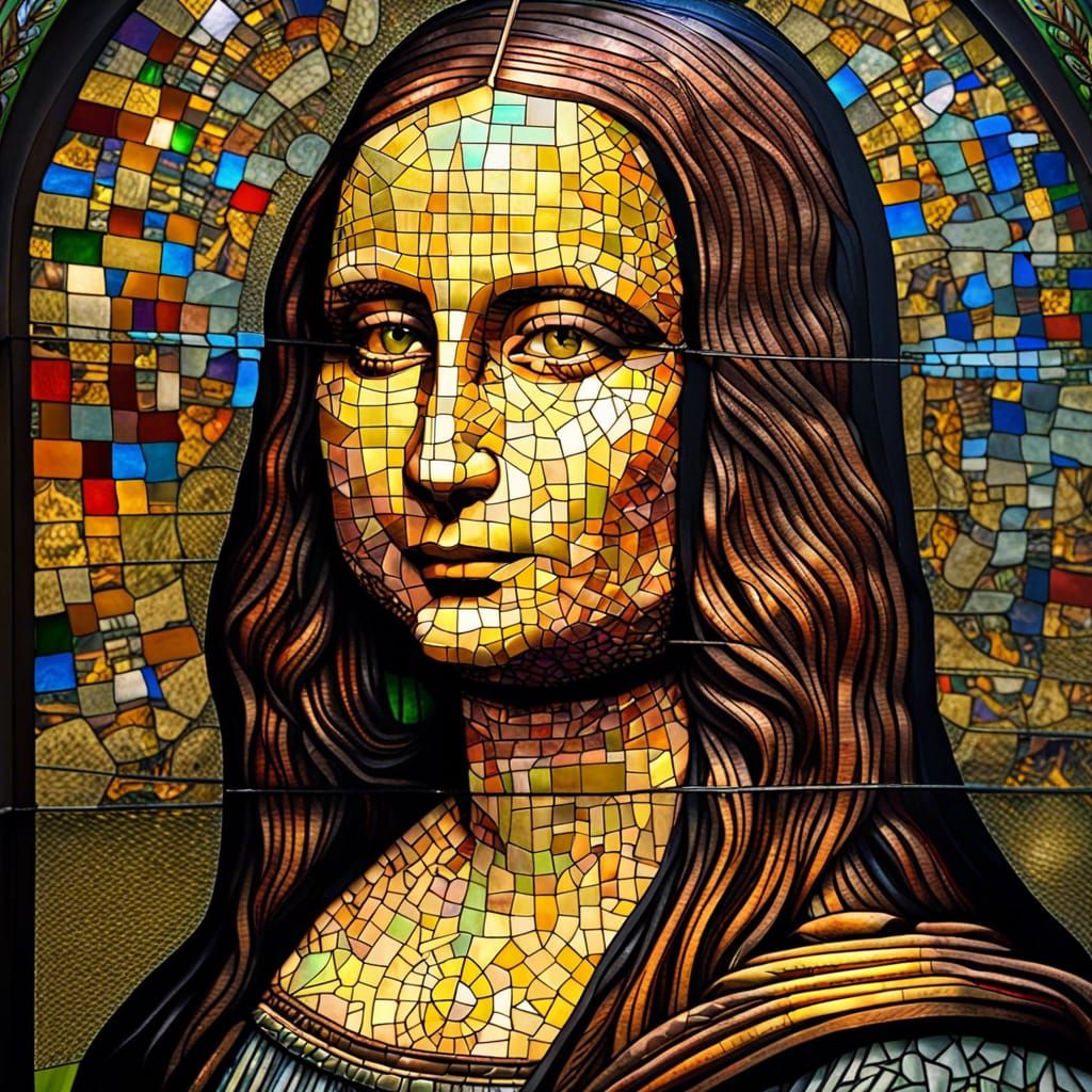Stained glass mona lisa portrait, breathtaking intricate det...