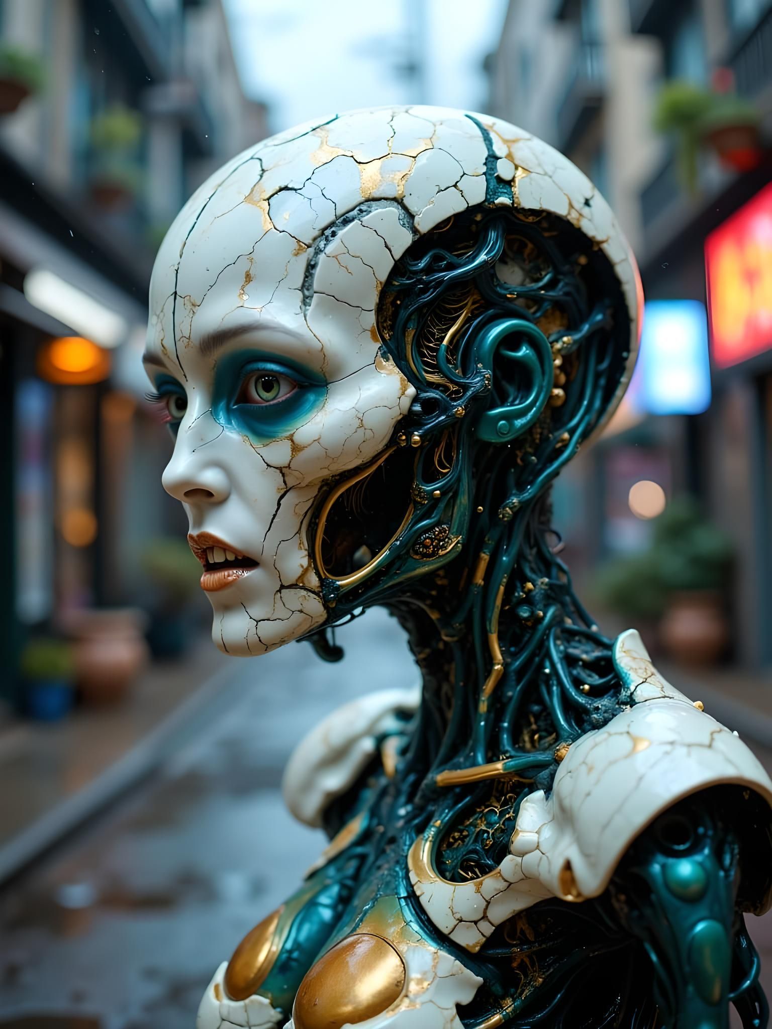 Cracked Porcelain Android in Dystopian Cyberpunk Street