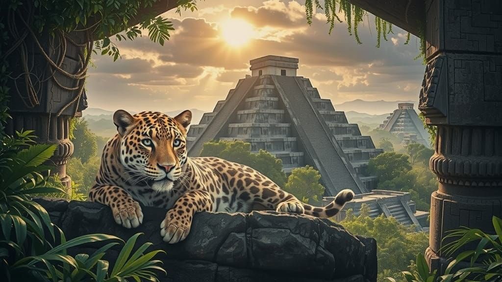 Majestic Jaguar in Aztec Ruins, Jungle Vines, and Golden Lig...