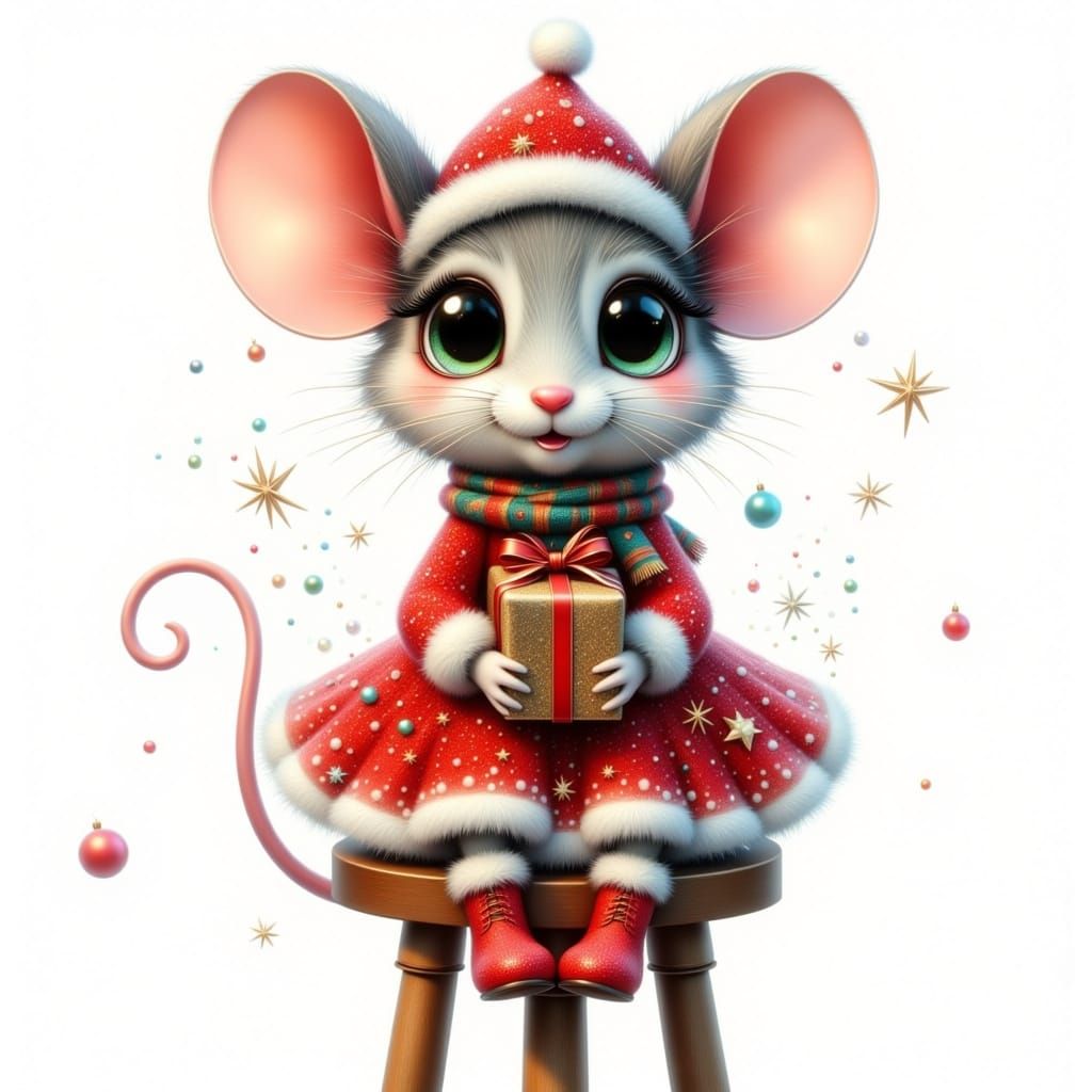 Cute Mouse in Santa Hat with Christmas Present