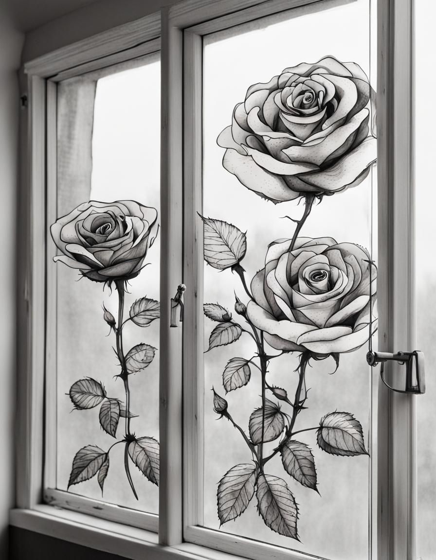 Roses Ink Drawings on Window Glass