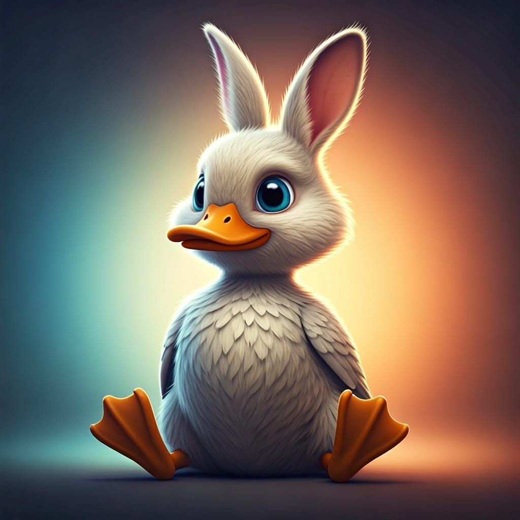 Whimsical Rabbit-Duck Hybrid in Vibrant Dreamlike Scene