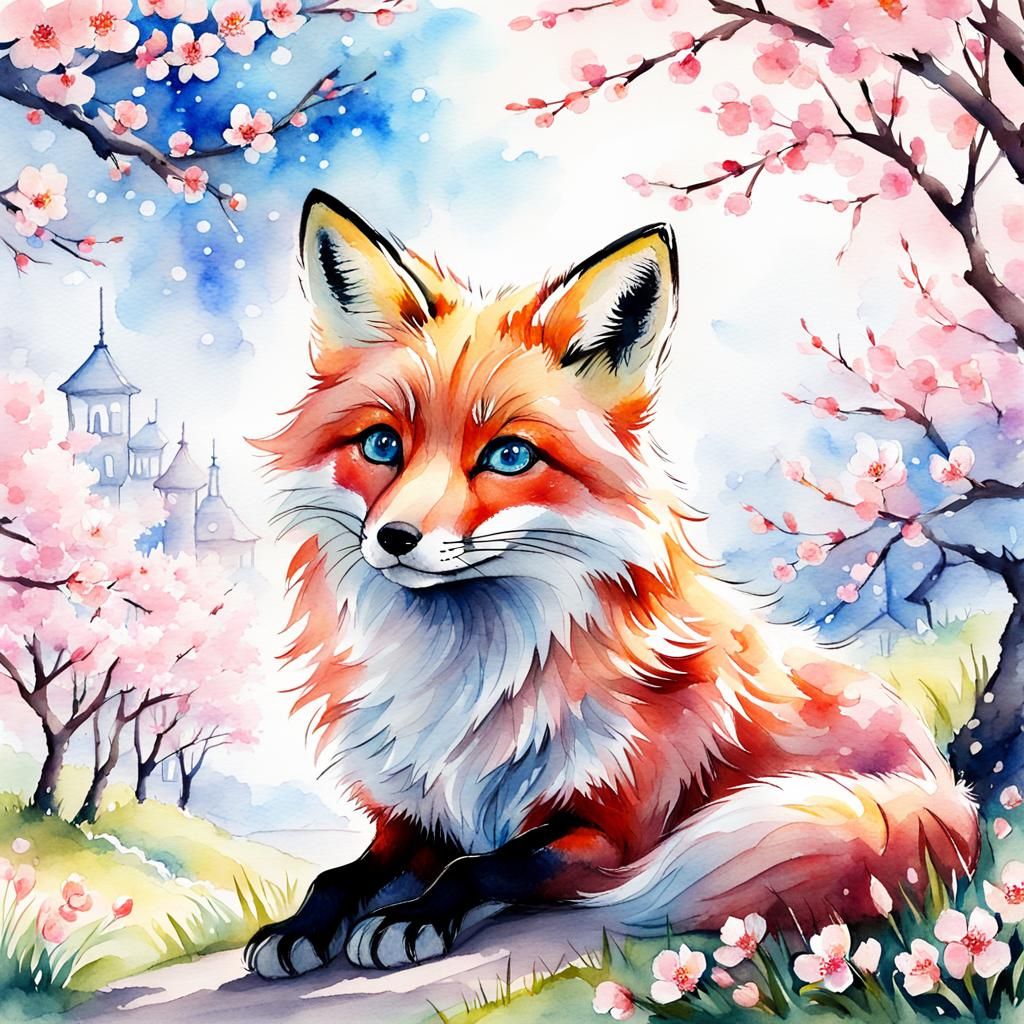 Charming Fox with Blue Eyes in Watercolor Cherry Blossoms
