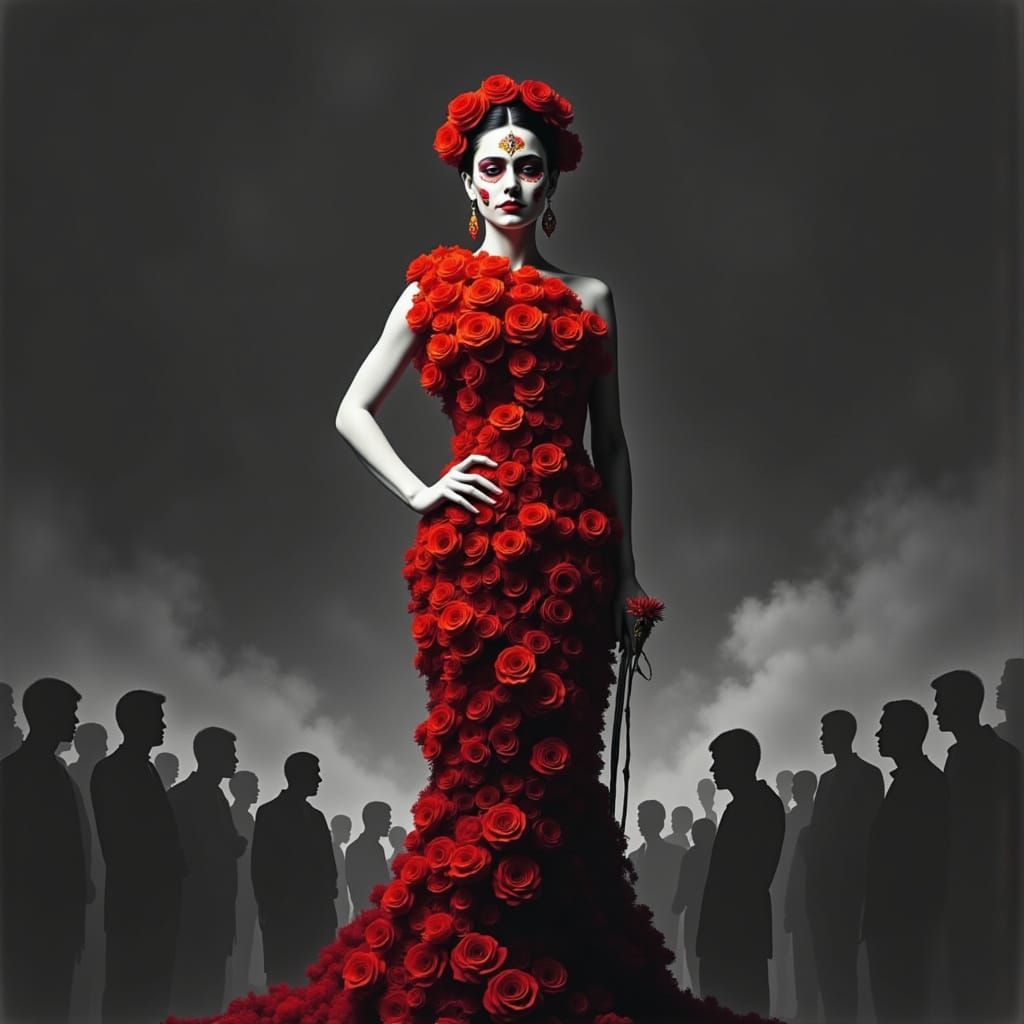 Día de los Muertos Woman with Vibrant Marigolds in Graphite ...