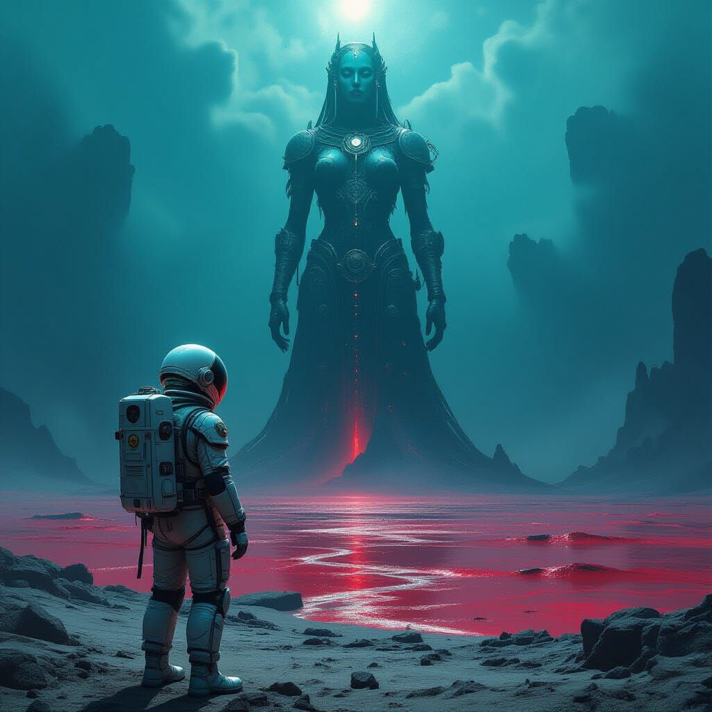 Astronaut and Biomechanical Goddess on Alien Planet