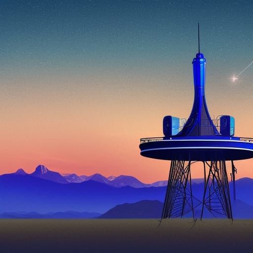 1950s Radio Tower at Night in Desert Landscape