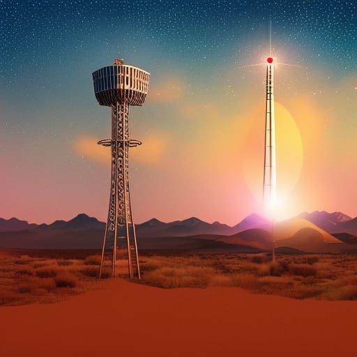 1950s Radio Tower in Desert at Night