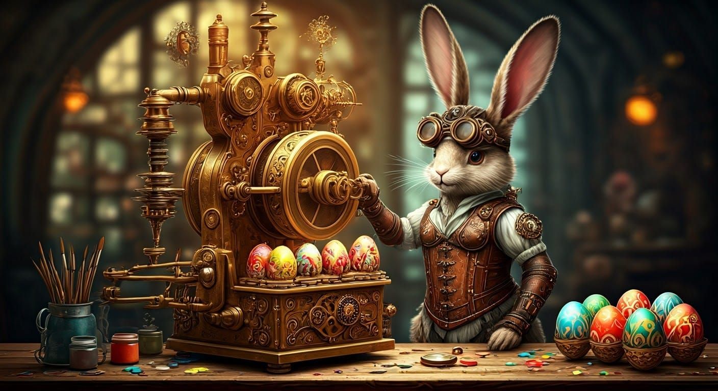 Steampunk Easter Bunny in Gears and Goggles
