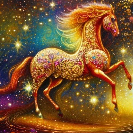 Glittering Gold Horse on Merry-Go-Round