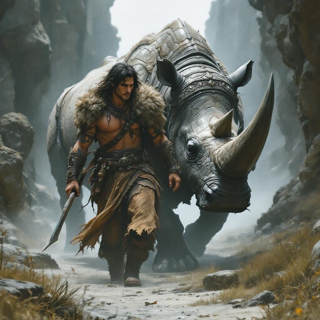 Barbarian Warrior and Armored Rhino in High Fantasy